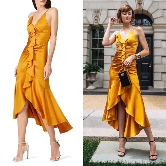 JONATHAN SIMKAI Midi Dress Satin Ruched Ruffle Flounce Hem Wedding Summer Gown 4 - Picture 1 of 14